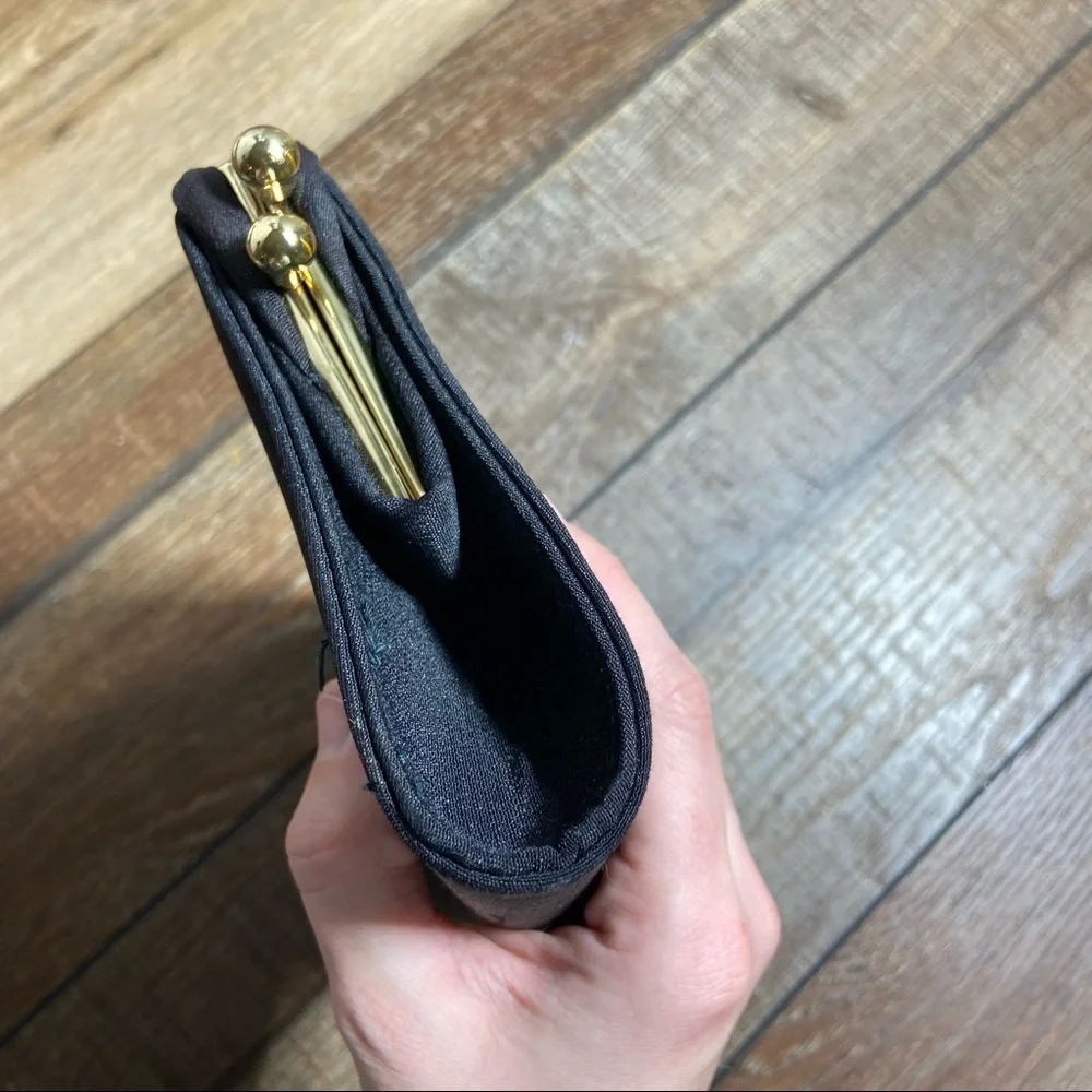 Vintage Satin Black and Gold Kiss Lock Clutch with Interior Coin Pouch
